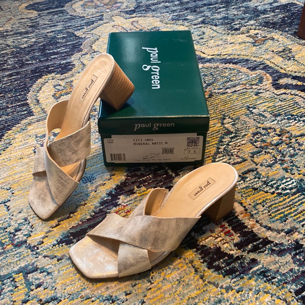 COPY - NWT Paul Green Cici Sandals in Gold/Mineral Antic with Block Heels